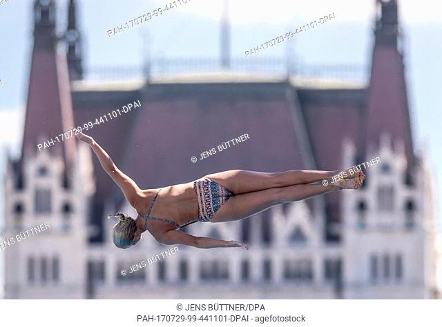 The Australian high diver Rhiannan Iffland does a test dive at the women's 20m high diving finale of the FINA World Championships 2017 in Budapest, Hungary