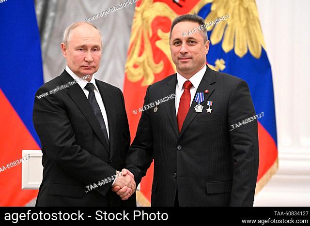 RUSSIA, MOSCOW - AUGUST 2, 2023: Russia's President Vladimir Putin (L) and Russian cosmonaut Anton Shkaplerov, deputy chief at Yuri Gagarin Cosmonaut Training...