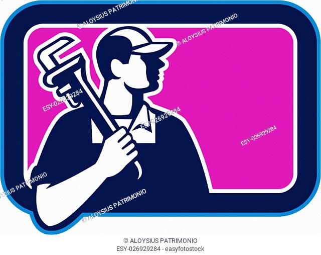 Illustration of a plumber holding pipe wrench on shoulder looking to the side viewed from front set inside rectangle shape on isolated background done in...