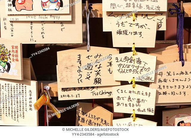 Japanese prayer plaques (boards), Ema, left by Shinto worshippers, Asakusa Shine, Shinto temple, Senso-ji, Asakusa, Tokyo, Japan