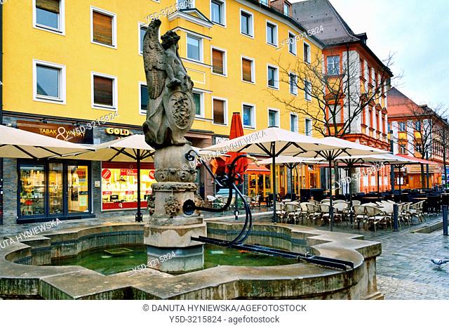 Famabrunnen mit Ruhm Angel, Fama Fountain with Glory Angel, Elias Räntz, Maximilianstrasse, promenade, old town, Bayreuth, capital of Upper Franconia, Bavaria