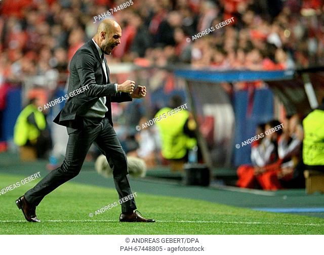 Munich's coach Josep ""Pep"" Guardiola celebrates the equalizer of Vidal during the UEFA Champions League quarterfinal second leg soccer match between SL...
