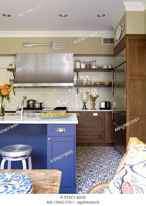 Modern kitchen with blue units, USA
