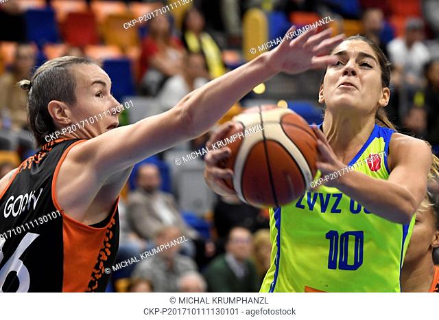 From right MARTA XARGAY of ZVVZ USK Praha and ELODIE GODIN of Bourges in action during the Women's European Basketball League 1st round group A game: ZVVZ USK...