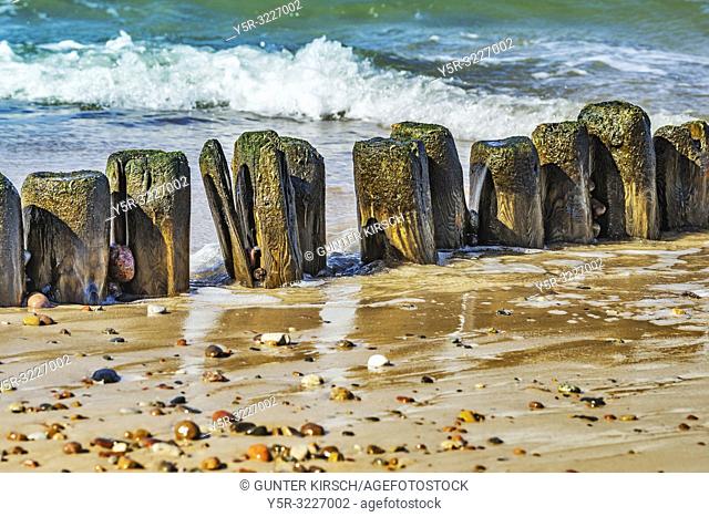 Groynes at the beach of the Baltic Sea near Kolobrzeg. Groynes are intended to break the shaft and to prevent the erosion of the coast