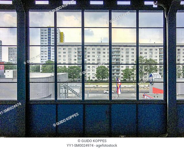 Berlin, Germany, View through an S-Bahn Window towards oppsite Apartment Buildings