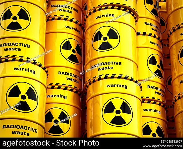 Yellow radioactive barrels stack with warning signs