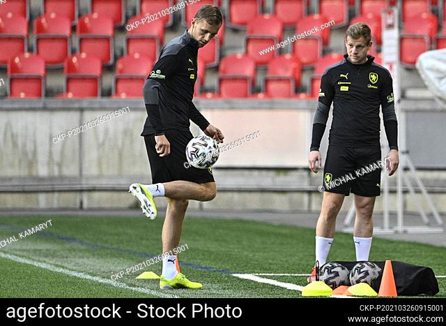 Czech Republic national football team players L-R Tomas Soucek, Jakub Vydra in action during the training session prior to World Cup qualifier group E: Czechia...
