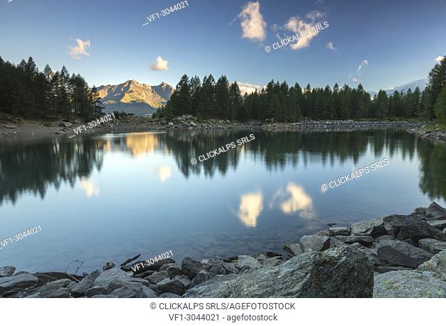 Lago Azzurro at sunrise, Spluga Valley, province of Sondrio, Valtellina, Lombardy, Italy