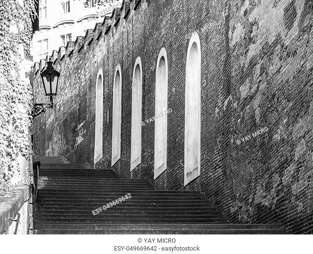 Castle stairs leading to Prague Castle, Hracany, Prague, Czech Republic Black and white image