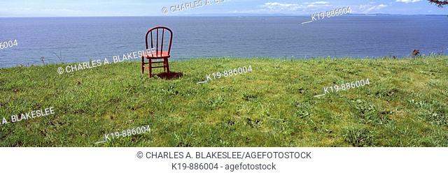 Red Chair overlooking the Strait of Juan de Fuca, Whidbey Island, Island County, Washington, U.S.A