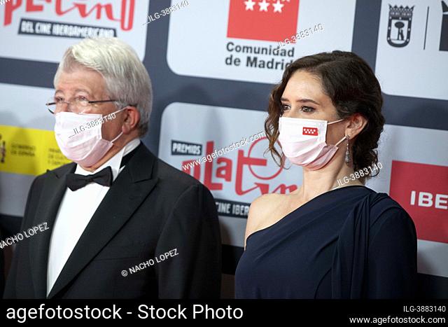 Enrique Cerezo and Isabel Diaz Ayuso attends to Red Carpet of Platino Awards 2021 photocall on October 3, 2021 in Madrid, Spain