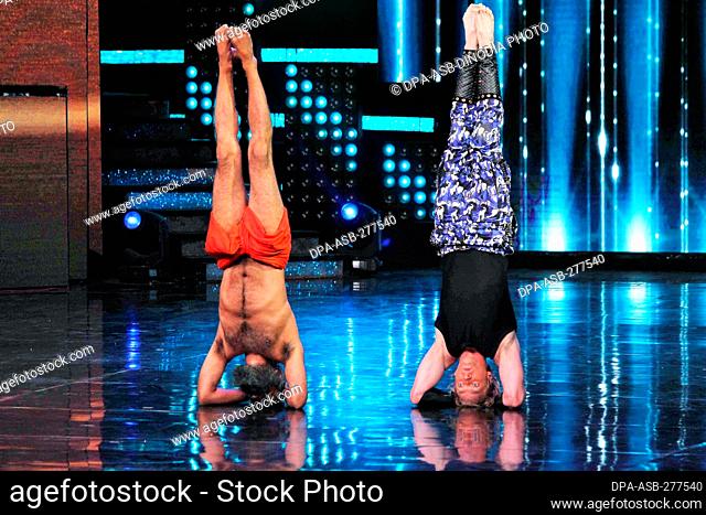 Baba Ramdev, Indian yoga guru, Brent Goble, yoga teacher, TV show, Mumbai, India, 16 May 2017