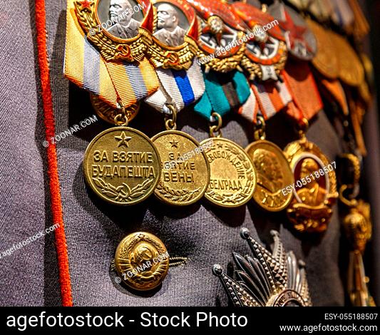 Moscow, Russia - January 23, 2019: Central Armed Forces Museum. World war two victory awards. Different awards, orders and medals on the russian army soldier...