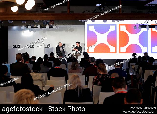 19 January 2020, Bavaria, Munich: (l-r) David Kirkpatrick (Founder Techonomy) and Hayden Wood (Co-Founder & CEO Bulb) discuss during a panel at DLD Munich...