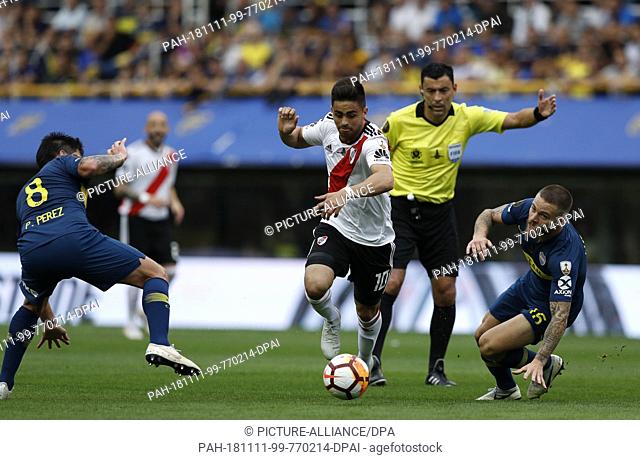 11 November 2018, Argentina, Buenos Aires: Soccer: Copa Libertadores, final, first leg, Boca Juniors - River Plate in La Bombonera: Gonzalo Martinez (M) of...