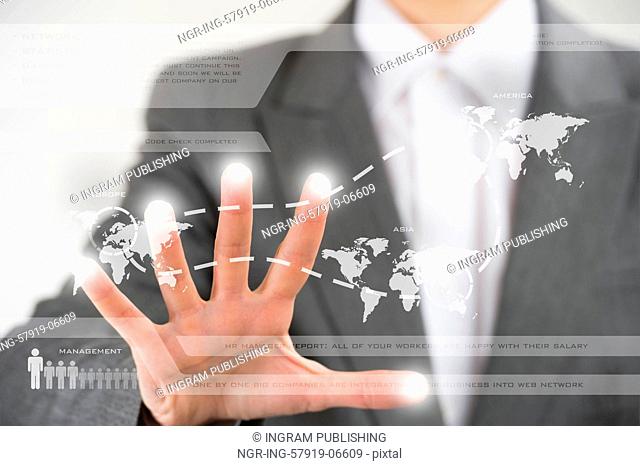 Business woman working with virtual interface. Globalization and technology concept