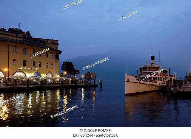 Quay in the evening, Paddle Wheel Steamer at the pier, Riva, Lake Garda, Trento, Italy