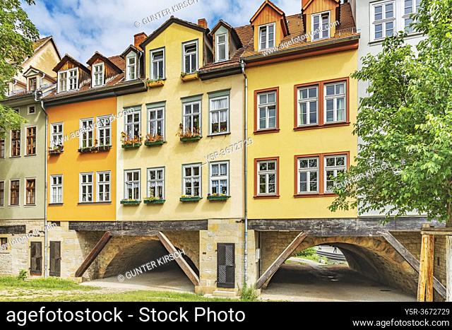 View from the south to the half-timbered houses of the Kraemerbruecke (Merchants bridge). The Kraemerbruecke is located in the old town of Erfurt
