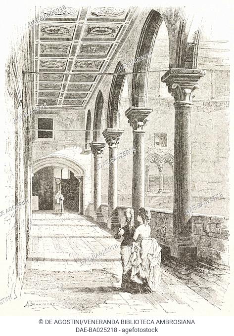 Upper portico of Vitelleschi Palace, in Corneto Tarquinia, drawing by Antonio Bonamore (1845-1907), engraving from L'Illustrazione Italiana, Year 5, No 16