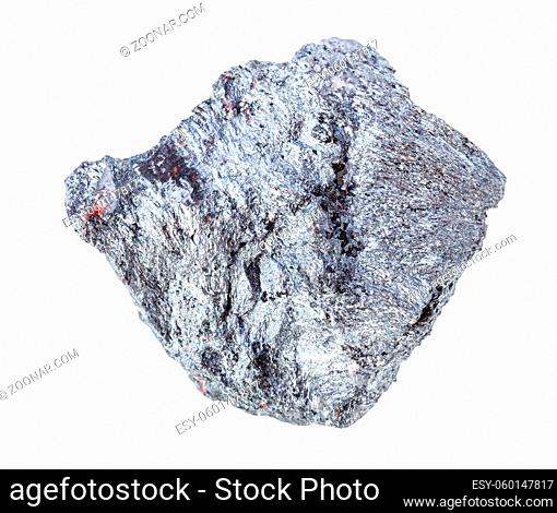 closeup of sample of natural mineral from geological collection - raw Stibnite (Antimonite) ore isolated on white background