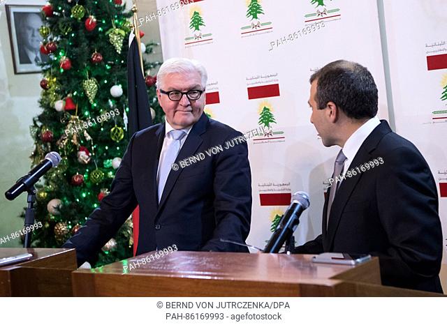 German Minister of Foreign Affairs Frank-Walter Steinmeier (l, SPD) and his Lebanese counterpart Gebran Bassil (r) speak during a press conference after their...