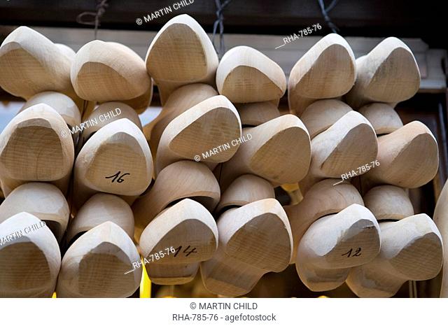 Wooden clogs in a shop, Bruges, Belgium, Europe