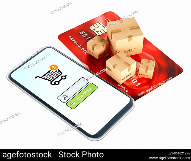 Smartphone, cargo boxes and credit card isolated on white background. 3D illustration