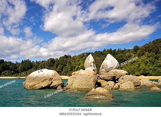New Zealand, South-island, Tasmania, Abel Tasman national park, Marahau beach, Split Apple Rock, reservation, national-park, rocks, rock-formation, formation
