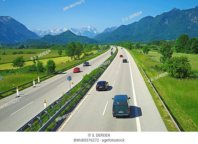 motorway A95 in mountain scenery with Wetterstein mountains and Zugspitze, Germany, Bavaria, Oberbayern, Upper Bavaria