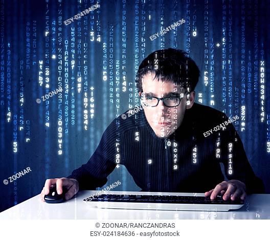 Hacker decoding information from futuristic network technology