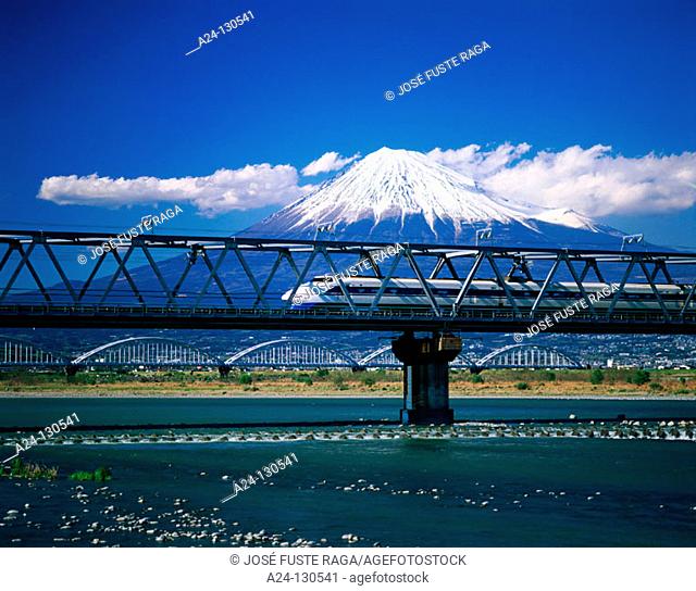 Shinkansen train and Mount Fuji. Japan