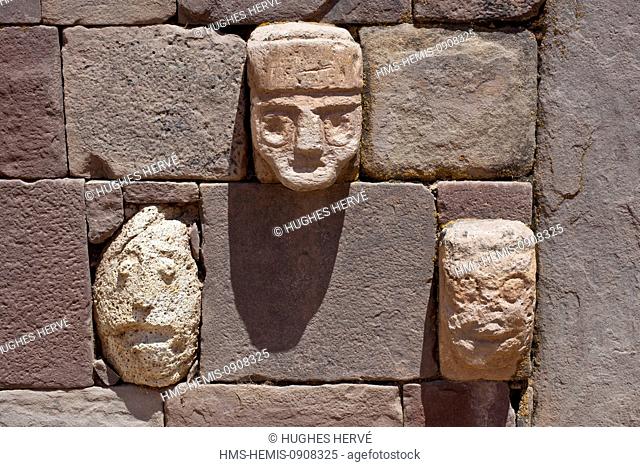 Bolivia, La Paz Department, Tiwanaku Pre-Inca archeological site, listed as World Heritage by UNESCO, carved stone head embedded in one of the walls of Tiwanaku...