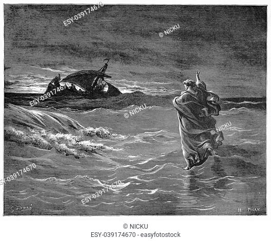Jesus walks on the sea - Picture from The Holy Scriptures, Old and New Testaments books collection published in 1885, Stuttgart-Germany