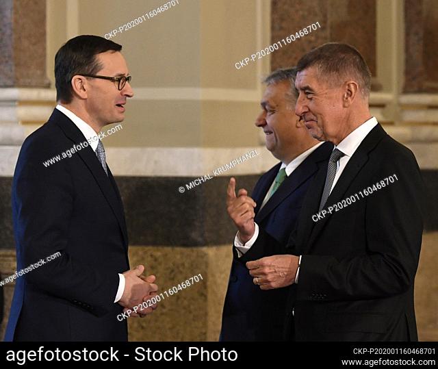 L-R Polish Prime Minister Mateusz Morawiecki, Hungarian PM Viktor Orban and Czech PM Andrej Babis attend meeting of PMs of Visegrad Four countries (Czech...