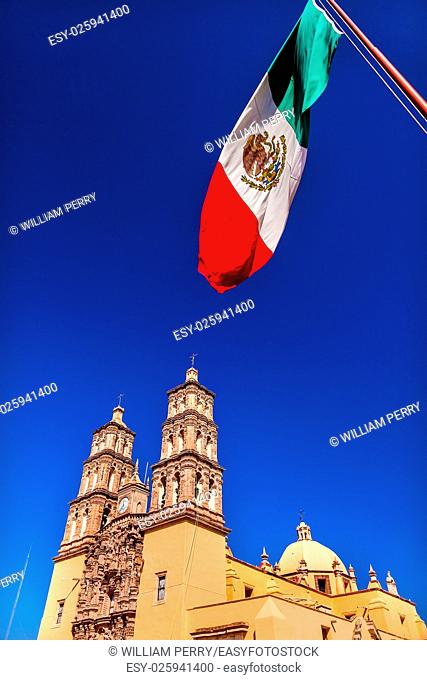 Mexican Flag Parroquia Cathedral Dolores Hidalgo Mexico. Where Father Miguel Hidalgo made his Grito de Dolers starting the 1810 War of Independence in Mexico