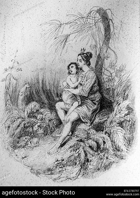 the mother the child and the sarigues, , fables of florian illustrated by victor adam, publisher delloye, desme 1838
