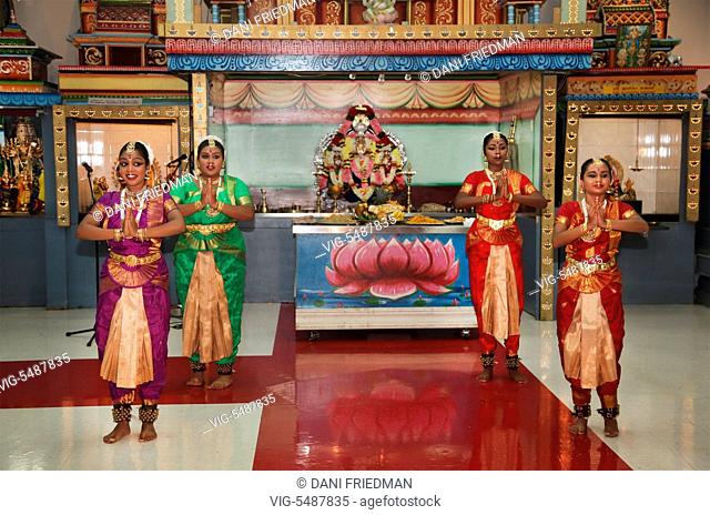 CANADA, BRAMPTON, 29.08.2015, Tamil Hindu girls perform a classical Bharatnatyam dance honoring Lord Vishnu during the Mancham Narayanan Perumaal Festival at a...