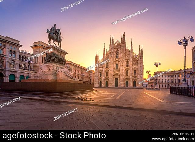Amaing Duomo , Milan gothic cathedral at sunrise, Europe. Horizontal photo with copy-space