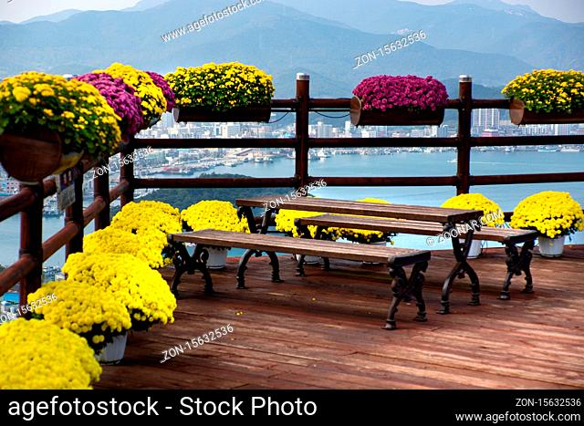 Wando/South Korea-18.09.2016:The bench with flowers in wando park