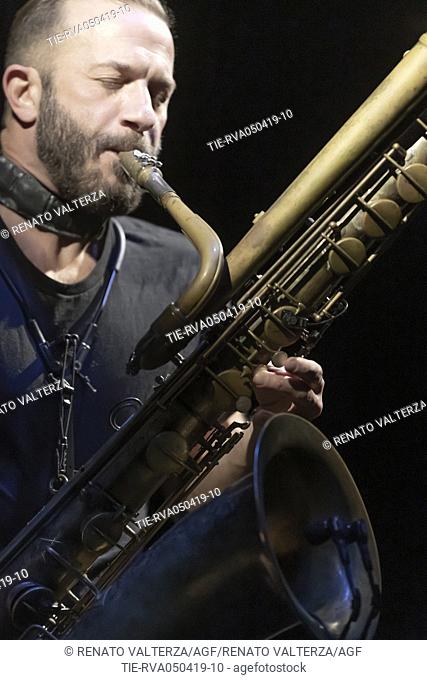 The saxophonist Colin Stetson during the concert , Turin, ITALY-04-04-2019