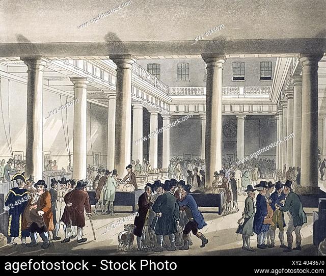 Corn Exchange, Mark Lane. Circa 1808. After a work by August Pugin and Thomas Rowlandson in the Microcosm of London, published in three volumes between 1808 and...