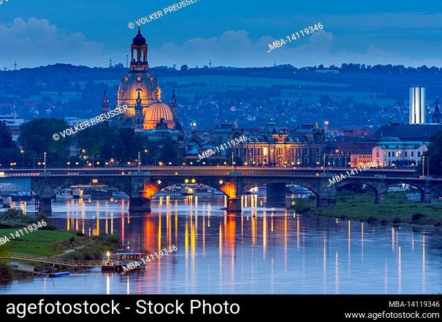 dresden, river elbe, view to city center with the frauenkirche (church of our lady), view from waldschlösschen in sachsen, saxony, germany