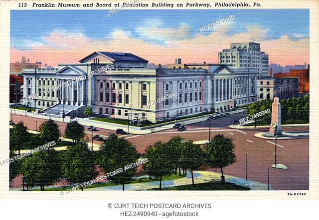 Franklin Institute and Board of Education Building, Philadelphia, Pennsylvania, USA, 1937. Vintage linen postcard. Founded in 1825 and named after Benjamin...