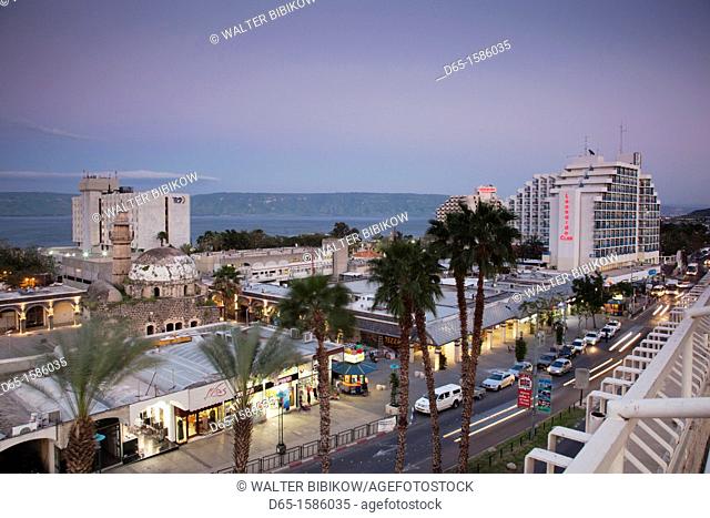 Israel, The Galilee, Tiberias, HaBanin Street and Leonardo Club Hotel, dusk