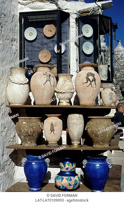 Shop. Display of pots. Glazed, decorated