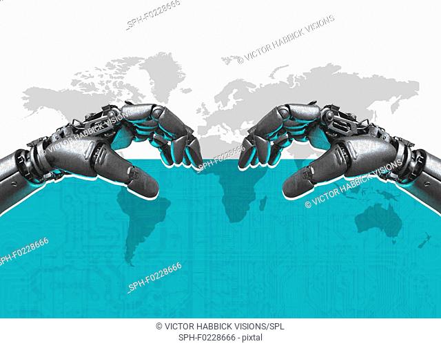 Robotic hands and world map, illustration