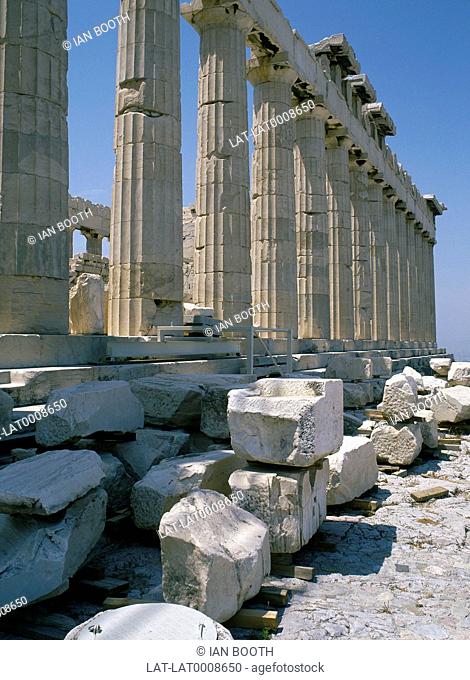 The Acropolis. Archaeological site. The Parthenon temple. Pillars/ columns. Fluted. Stone blocks