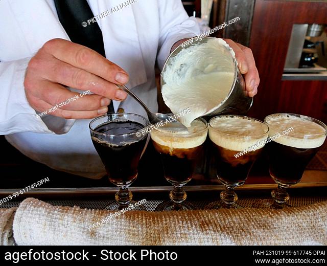 PRODUCTION - 19 September 2023, USA, San Francisco: Bartender John Jeide mixes ""Irish Coffee"" cocktails at Buena Vista Cafe