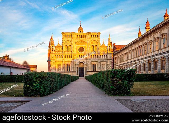 View of the cathedral of Certosa di Pavia Carthusian monastery at sunset